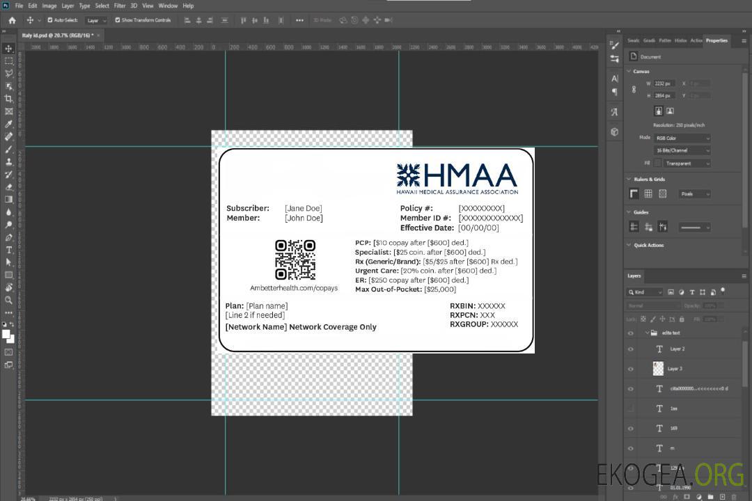 Carte d'identité d'assurance maladie d'Hawaï template